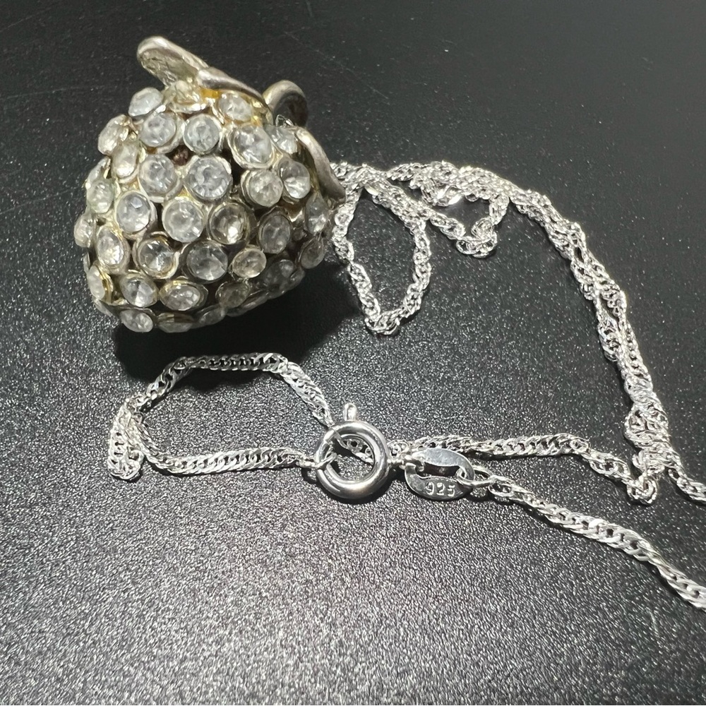 Vintage Paste Stone Pewter Strawberry Pendant on New Sterling Silver Twist Chain
